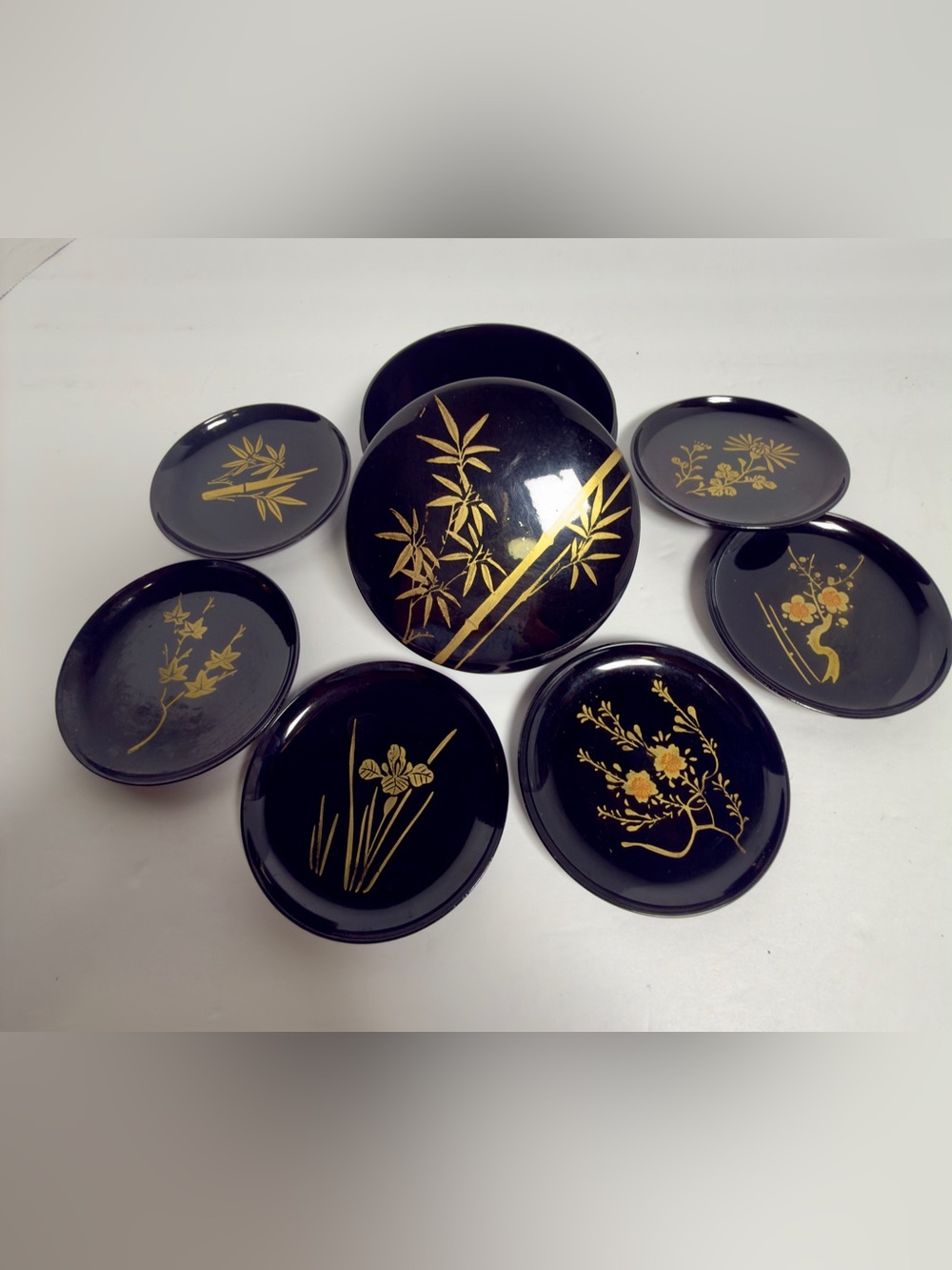 Vintage Japanese Black & Gold Lacquerware Coaster Set with Lidded Case - 6pc